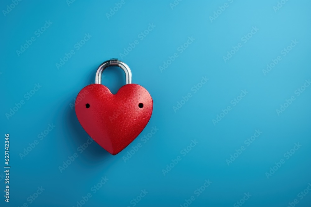 Red padlock in heart shape isolated on blue background, Generative AI Red padlock in heart shape isolated on blue background, Generative AI