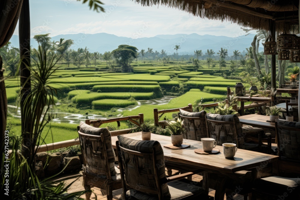 Coffee shop cafe in the middle of green rice fields in Vietnam Stock ...