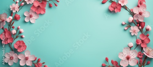 Blue background with pink flowers on the edges, blue background with empty space in the middle and flowers on the sides, Generative AI