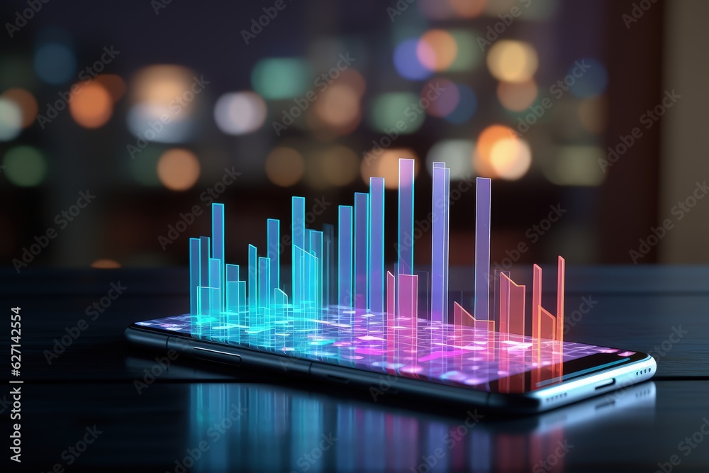 Smartphone with hologram of bar graphs on screen with blurred background, Generative AI Smartphone with hologram of bar graphs on screen with blurred background, Generative AI