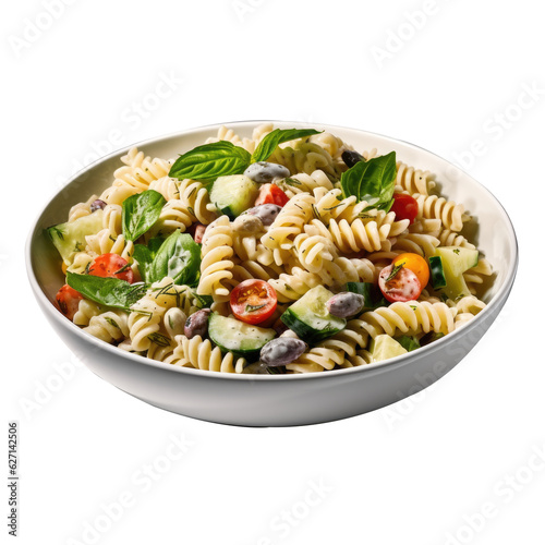 Fresh pasta salad on a plate, healthy meal in a white glass bowl with herb decoration