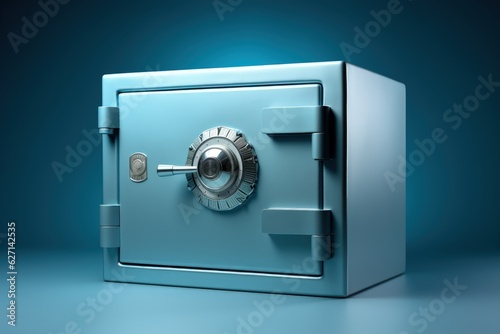 Silver safe on blue background, metallic safe, Generative AI 