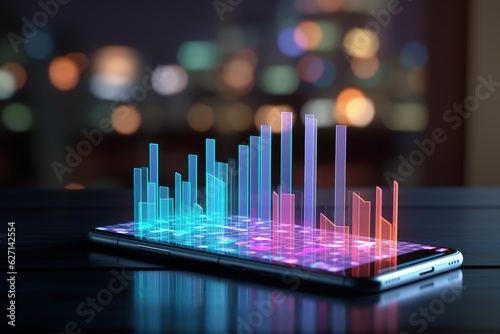 Smartphone with hologram of bar graphs on screen with blurred background, Generative AI