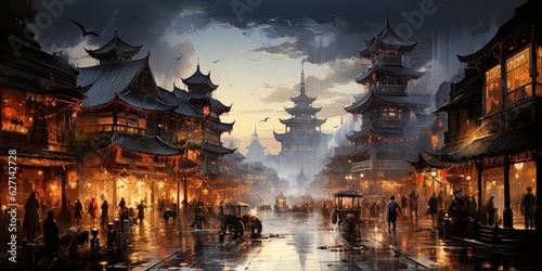 ancient Chinese night market street, oil painting, generative AI © VALUEINVESTOR