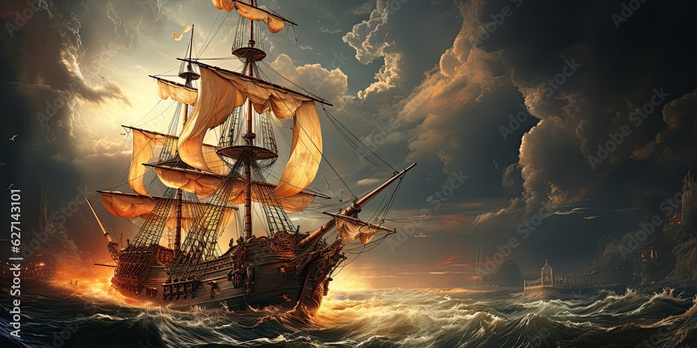 Fototapeta premium old ship struggle in sea storm, generative AI