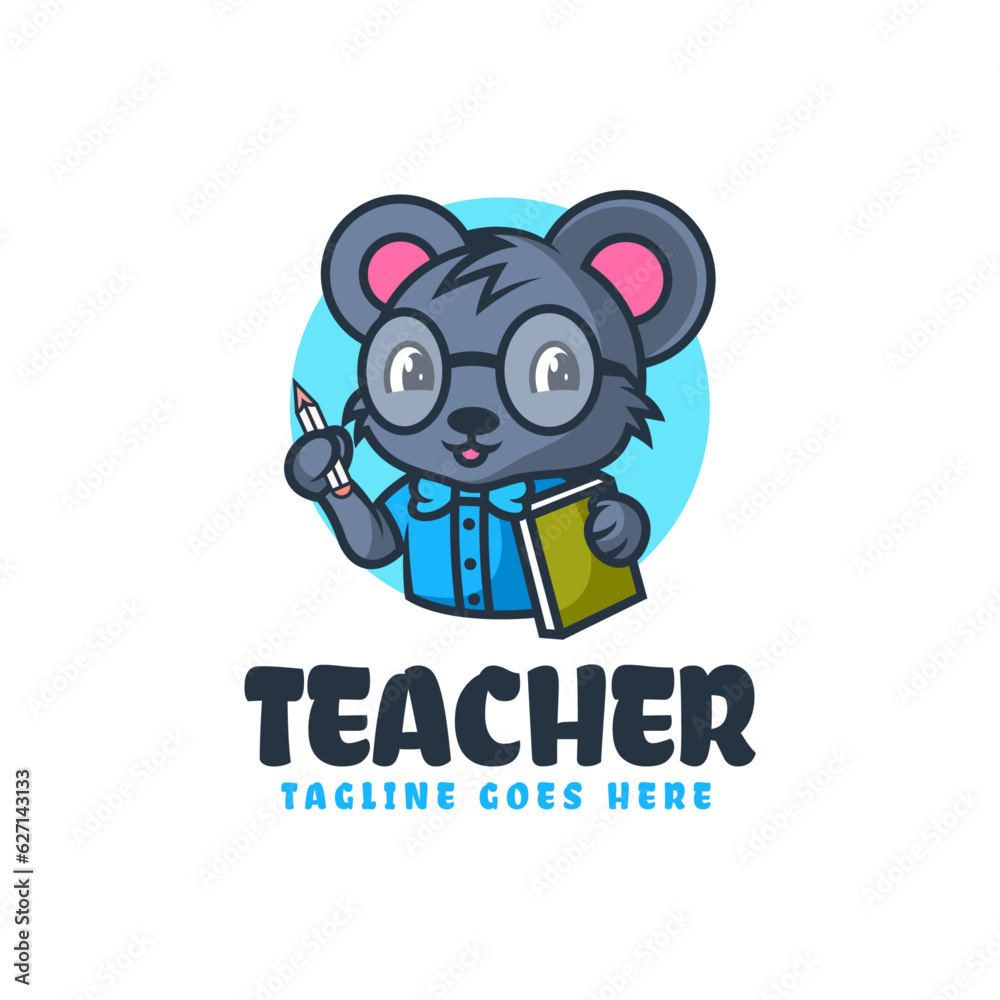 Obraz premium Vector Logo Illustration Teacher Mouse Mascot Cartoon Style.