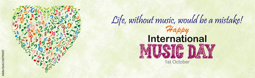 Life without music, a mistake. Happy World Music Day with musical symbols in heart. World Music Day greeting card, Poster and banner for media and web with stylish texture. 