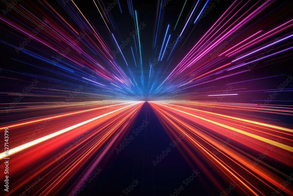 Abstract Speed light trails effect path, fast moving neon futuristic technology background, future virtual reality, motion effect, curve of neon bright, highway speed light, with Generative Ai.