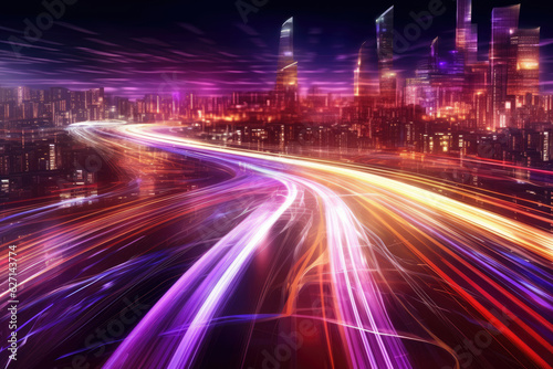 Fototapeta Speed light trails path through smart modern mega city and skyscrapers town with neon futuristic technology background, future virtual reality, motion effect, high speed light, with Generative Ai
