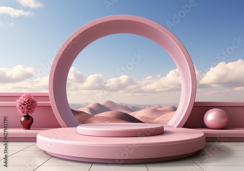 abstract background with pink podium and cloud minimal summer scene. scene for mockup product display. Beauty cosmetic product placement pedestal present. AI Generative.