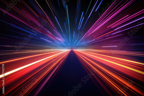 Abstract Speed light trails effect path, fast moving neon futuristic technology background, future virtual reality, motion effect, curve of neon bright, highway speed light, with Generative Ai.