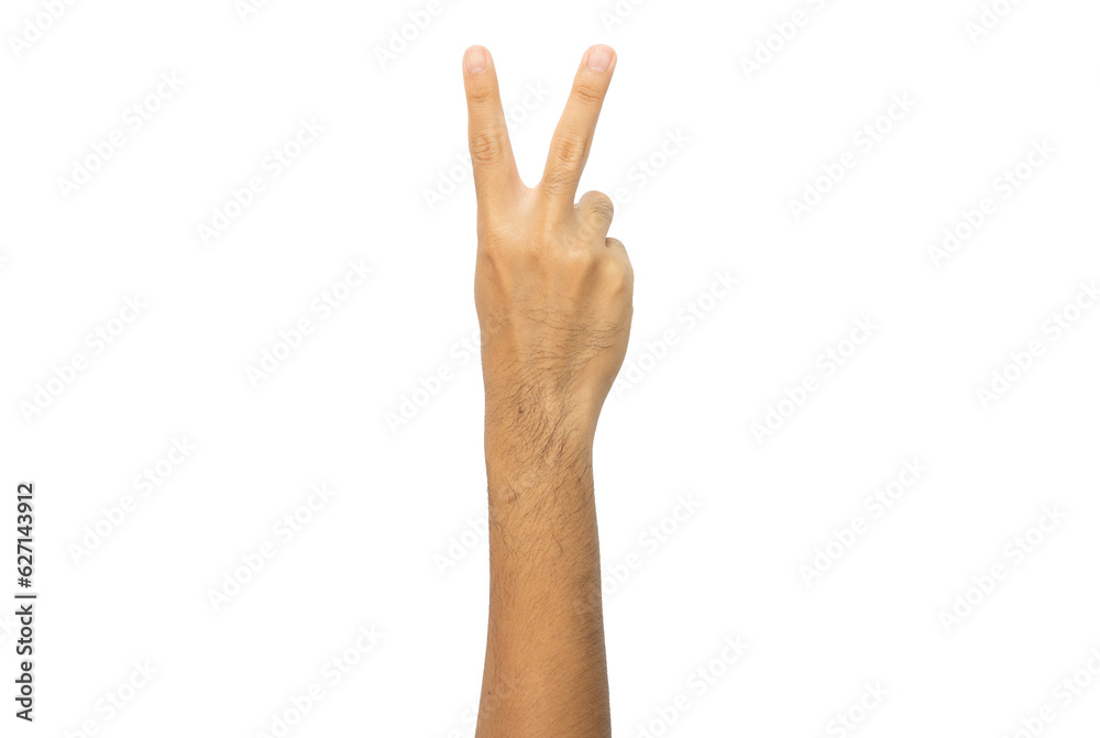 Cropped shot of someone hand showing two finger (or V sign) isolated with white background. If you showing the back of your hand facing the other person it is a very rude gesture in U.K. Cropped shot of someone hand showing two finger (or V sign) isolated with white background. If you showing the back of your hand facing the other person it is a very rude gesture in U.K.