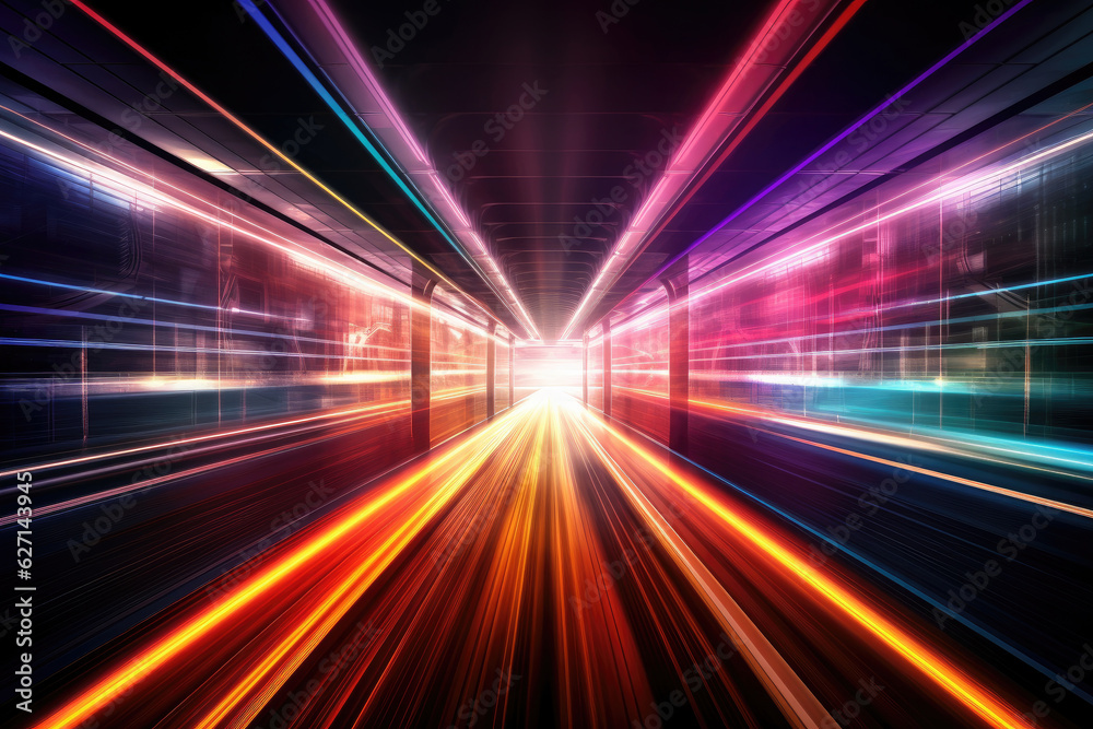 Abstract Speed light trails effect path, fast moving neon futuristic technology background, future virtual reality, motion effect, curve of neon bright, highway speed light, with Generative Ai. Abstract Speed light trails effect path, fast moving neon futuristic technology background, future virtual reality, motion effect, curve of neon bright, highway speed light, with Generative Ai.