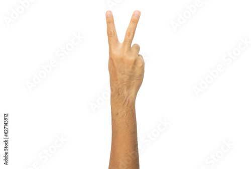 Foto Cropped shot of someone hand showing two finger (or V sign) isolated with white background