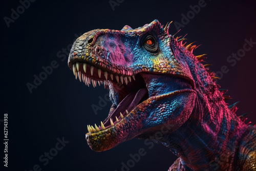 Abstract of Tyrannosaurus rex or T-rex dinosaur portrait in Cretaceous period with multi colored colorful on skin body  paint  Vibrant bright gradients background  with Generative AI.