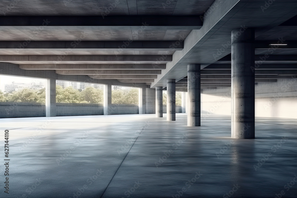 Modern concrete architecture building, exterior floor and roof, zone of car park, construction building, with empty space in clean design, with Generative Ai.