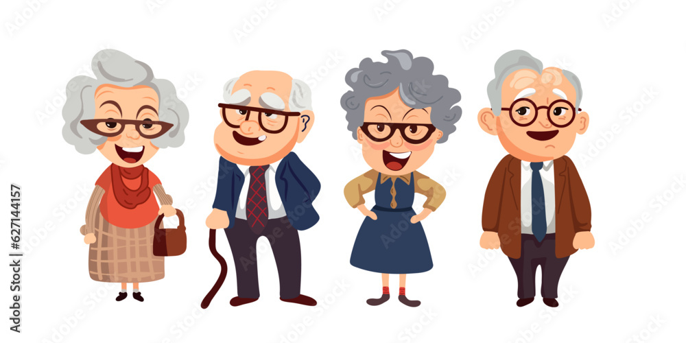Set of laughing and happy elegant elderly couple, old men and women with glasses, cartoon vector illustration Set of laughing and happy elegant elderly couple, old men and women with glasses, cartoon vector illustration
