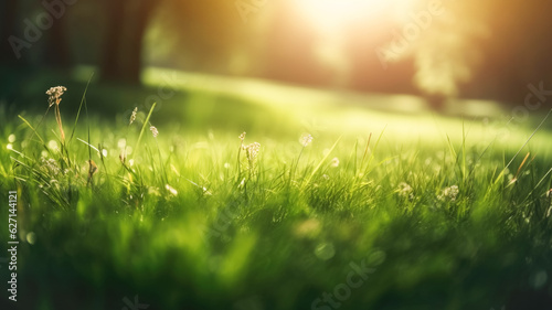Fresh green grass in sunlight, bokeh blur. Beautiful summer or spring field landscape, natural background, banner