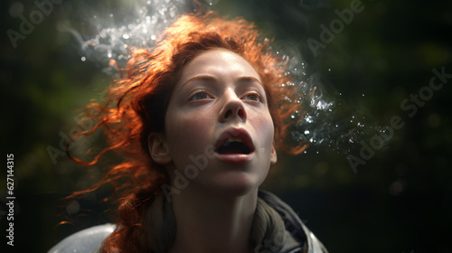 Young Red Head Woman Receiving a Vision. Generative AI.