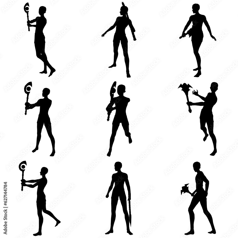Naklejka premium Bundle 2 poses of man using magic wand silhouette art style