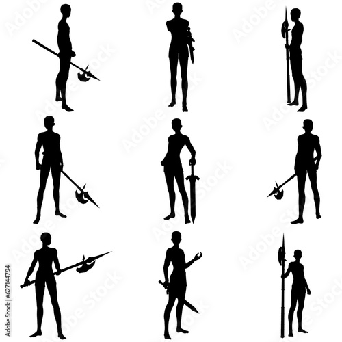 Bundle pose of man using spear ax silhouette art style series 3