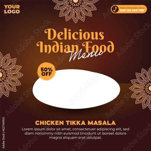 Delicious indian food menu and chicken tikka masala social media post and web banner template