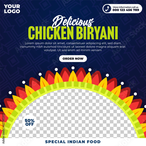 Delicious indian food menu and chicken biryani social media post and web banner template