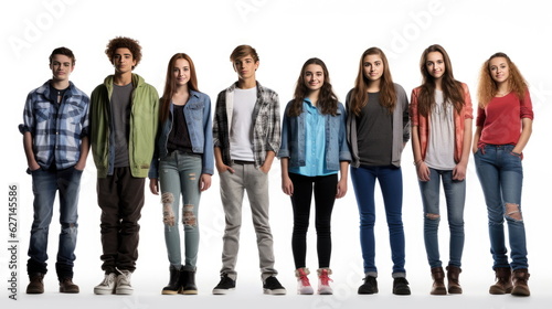group of Teenage youth on a white background, full body shot