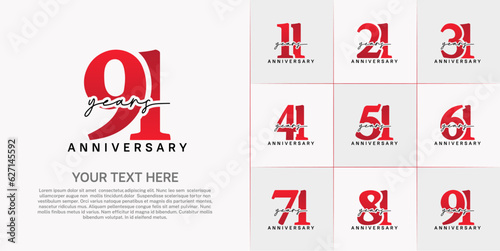 set of anniversary logo with red number and black handwriting text can be use for celebration