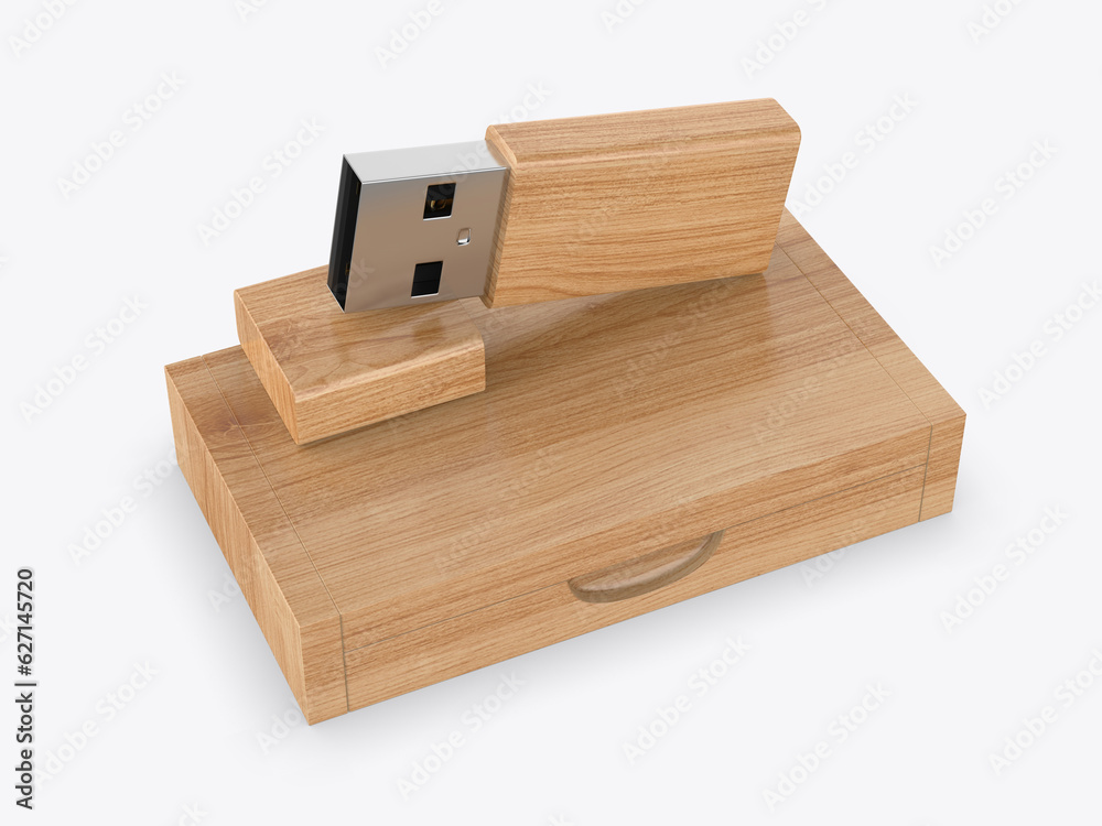 Blank wooden pen drive with wooden box packaging for promotional branding. 3d illustration. Blank wooden pen drive with wooden box packaging for promotional branding. 3d illustration.