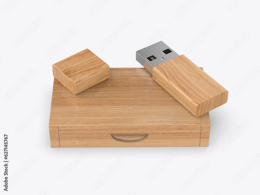 Blank wooden pen drive with wooden box packaging for promotional branding. 3d illustration. Blank wooden pen drive with wooden box packaging for promotional branding. 3d illustration.