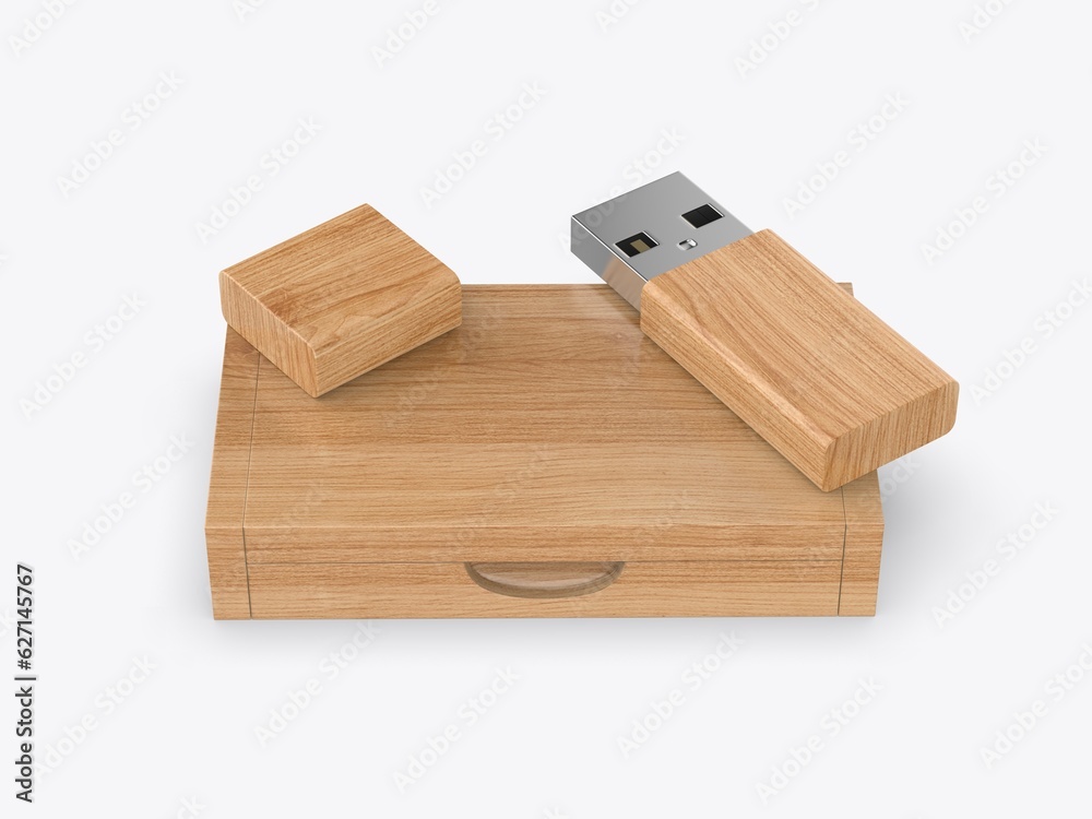 Blank wooden pen drive with wooden box packaging for promotional branding. 3d illustration.