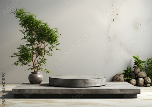 Abstract design of modern podium with empty concret. round concrete podium floor. Pedestal for display Platform for design Blank product concrete room. AI Generative.
