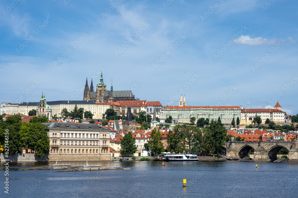Panorama of the famous Charles Bridge and the Castle in Prague on a sunny day