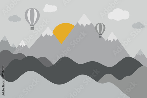 Wallpaper nursery with View of the sunrise and scandinavian mountains with hot air balloons. Cute Gray color wall art for baby room.