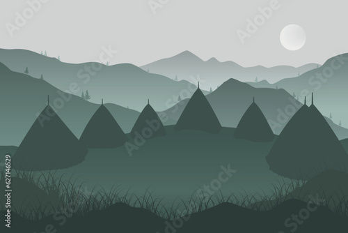 View of Wae Rebo village with mountains and sunrise in the background. View of the outback tribe on top of the mountain, vector illustraition. photo