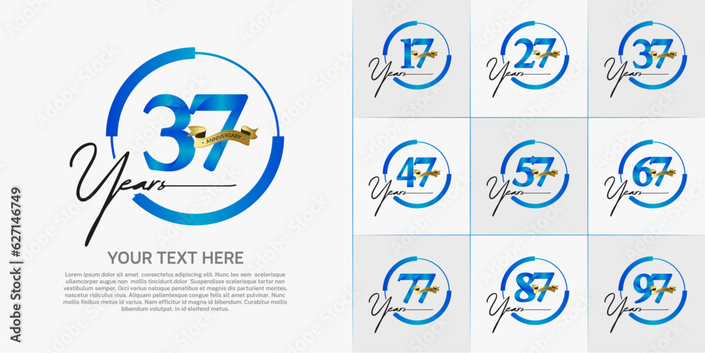 set of anniversary logo with blue number in circle and golden ribbon can be use for celebration