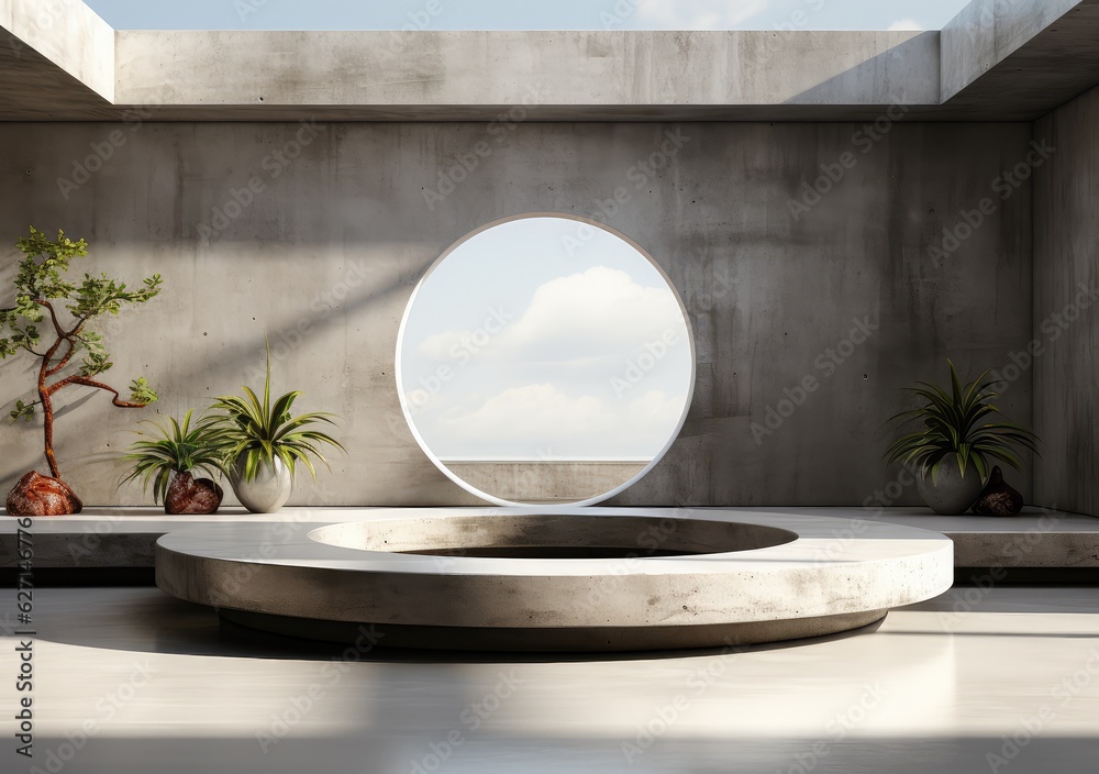 Abstract design of modern podium with empty concret. round concrete podium floor. Pedestal for display,Platform for design,Blank product,concrete room. AI Generative. Abstract design of modern podium with empty concret. round concrete podium floor. Pedestal for display,Platform for design,Blank product,concrete room. AI Generative.