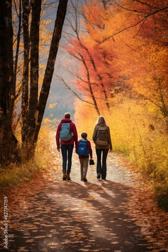 family walking in autumn forest
