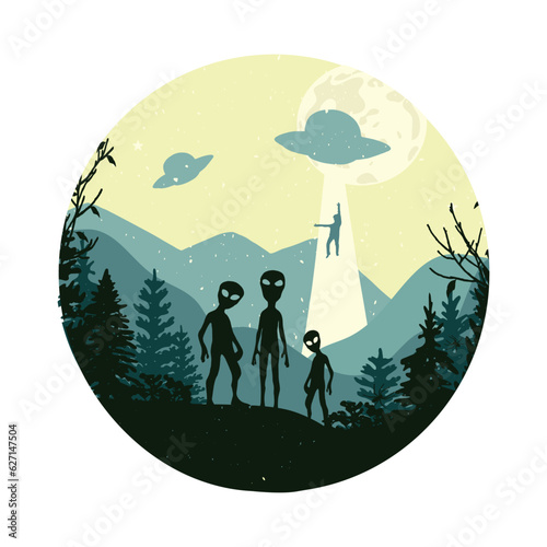 UFO silhouette over night forest vector. silhouette of aliens in the night forest vector. ufo abduction people vector