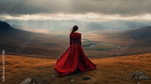 woman in red dress on the autumn hill