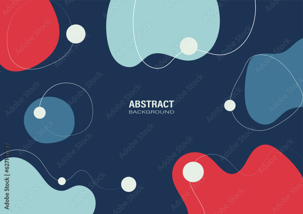 Abstract blue and red organic shapes hand-drawn on blue background. Flat design and decorate with white circles and lines for the banner template.