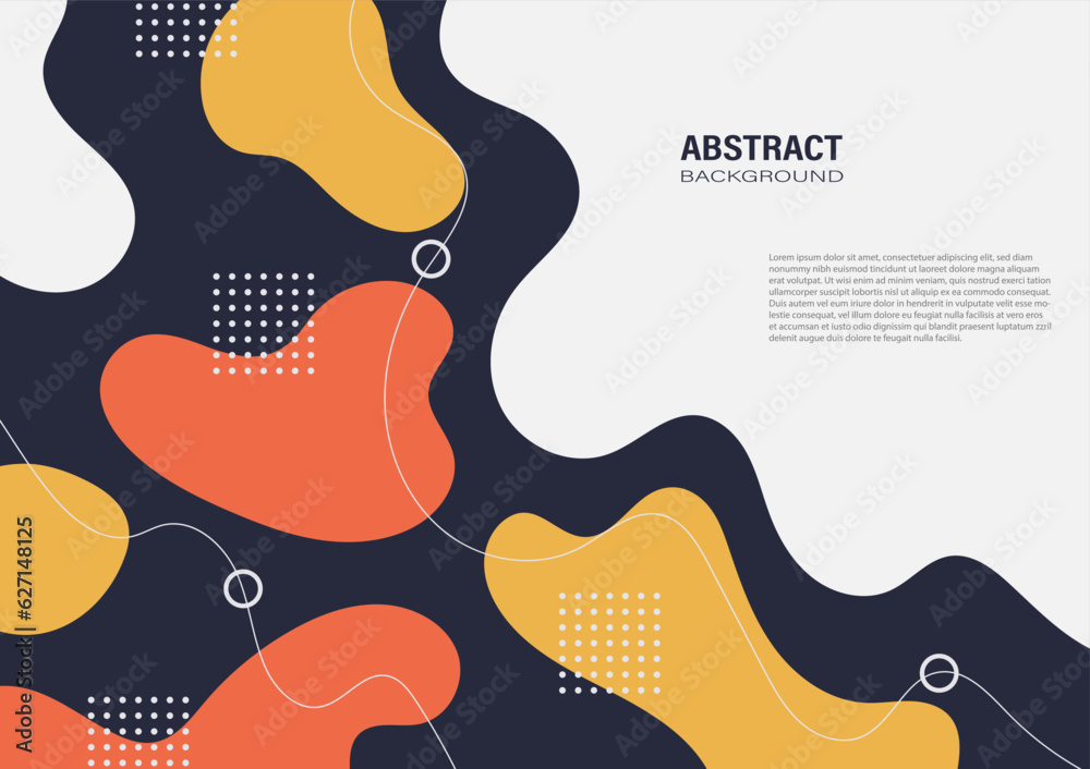 Abstract white orange and yellow organic shapes hand-drawn on dark blue background. Flat design and decorate with white dots pattern and lines for the banner template.