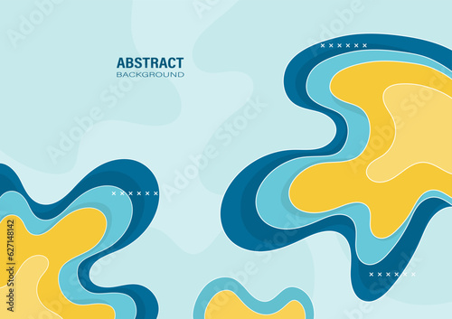 Abstract fluid blue and yellow organic shapes hand-drawn on light blue background. Flat design and decorate with white lines for the banner template.