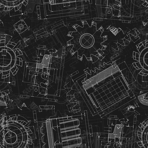 Mechanical engineering drawings on black background. Cutting tools, milling cutter. Technical Design. Cover. Blueprint. Seamless pattern. Vector illustration.