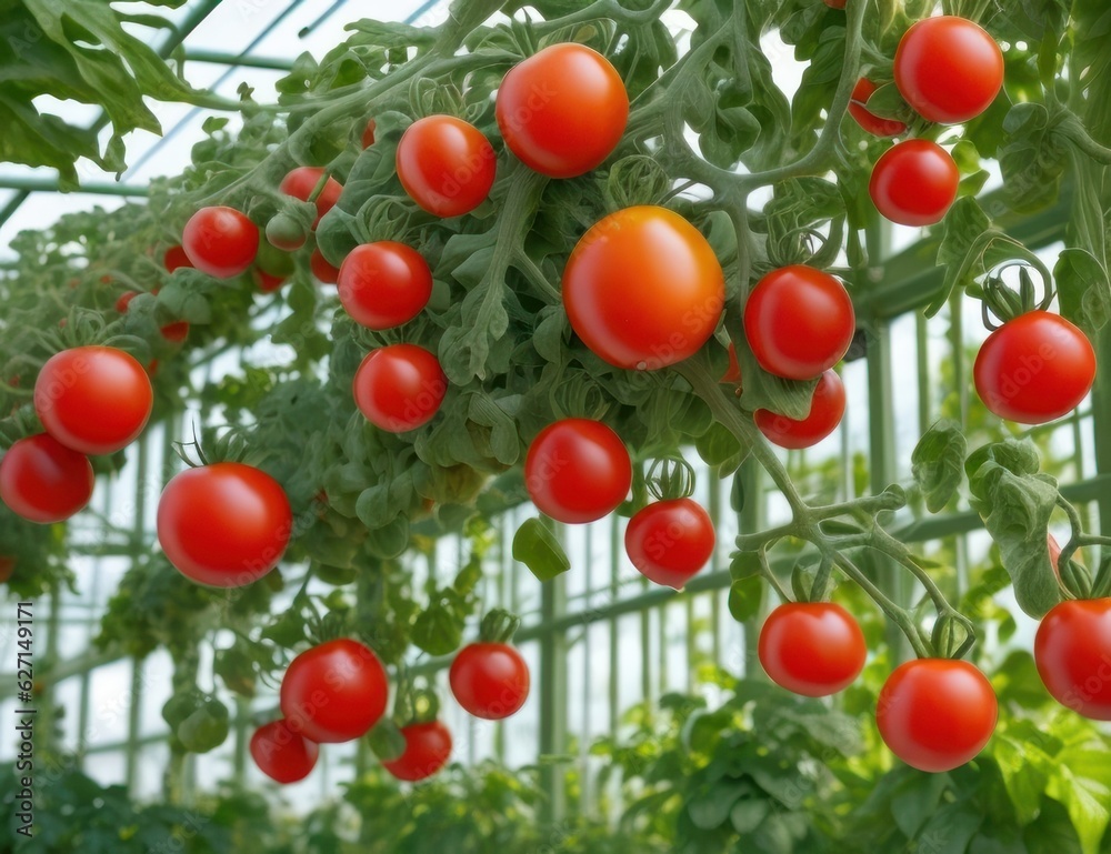 Tomatoes in a greenhouse that produces a lot of fruit.generative AI