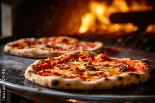 two pizzas are sitting in front of a wood fired oven, created by Generative AI