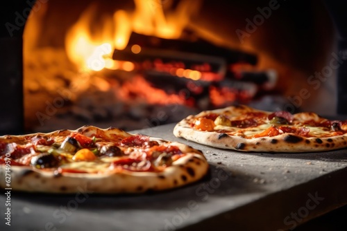 two pizzas are sitting in front of a wood fired oven, created by Generative AI