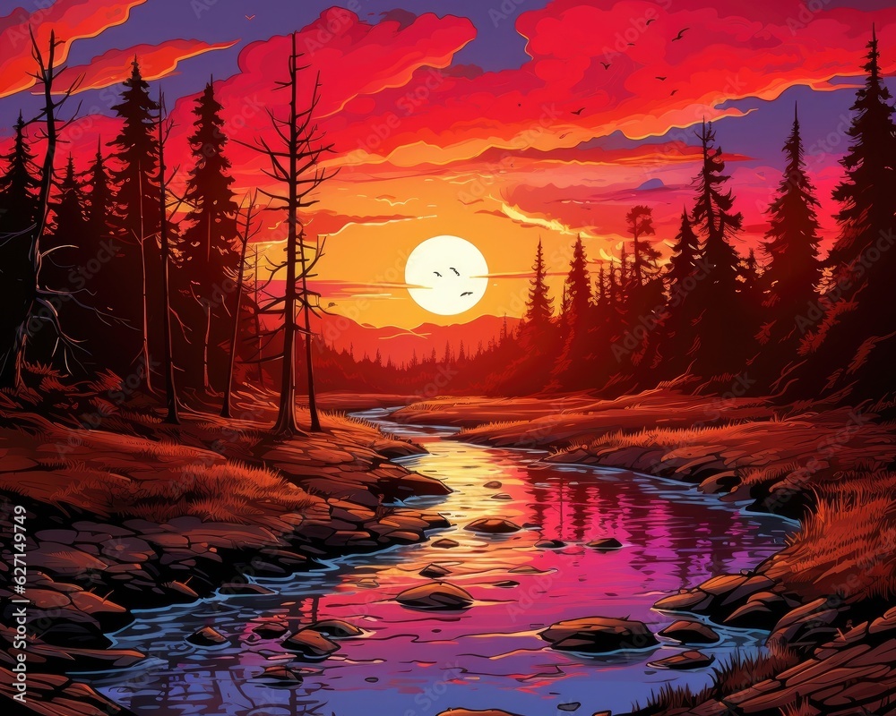 A red sunset painting with a forest, stream, and trees. (Generative AI)