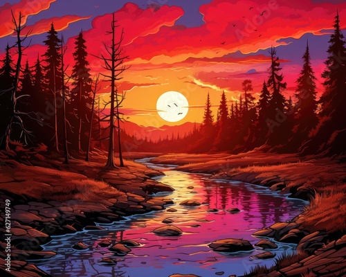 A red sunset painting with a forest, stream, and trees. (Generative AI)
